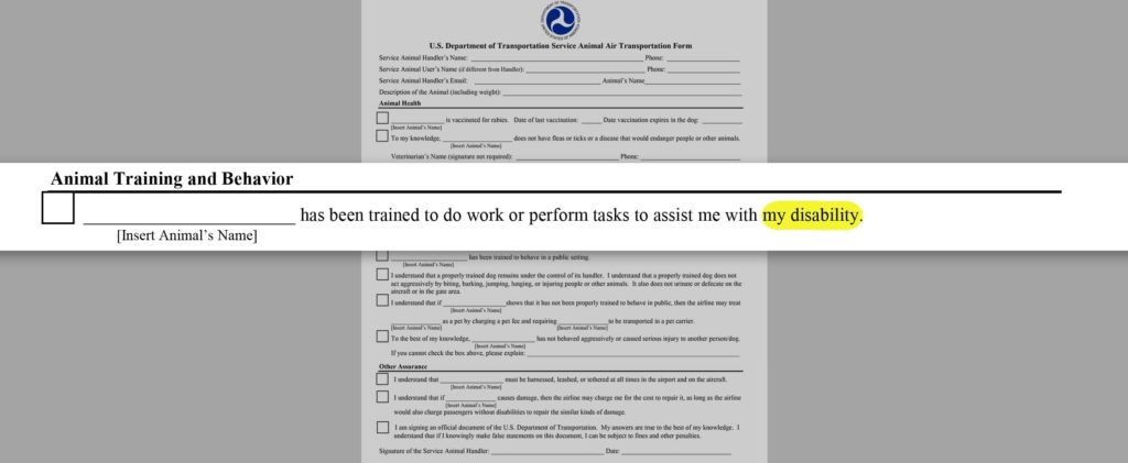 DOT Form - Service Animal Health Behavior Training Form