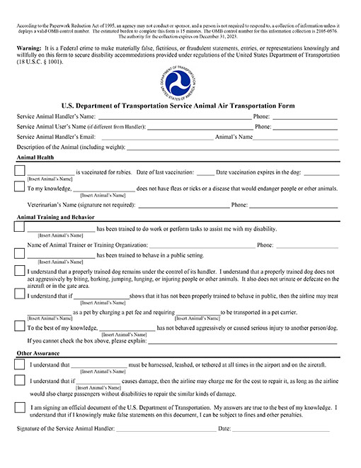 DOT Form - Service Animal Health Behavior Training Form - Download -- ESA Doctors