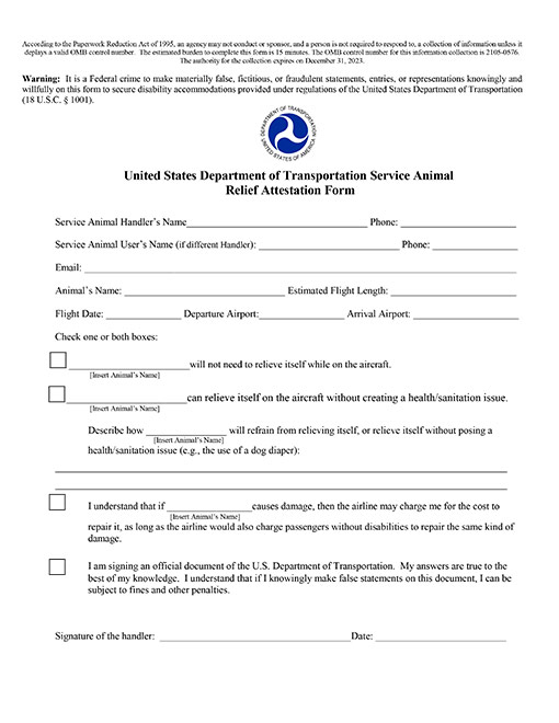 DOT Form - Service Animal Relief Form - Download -- ESA Doctors