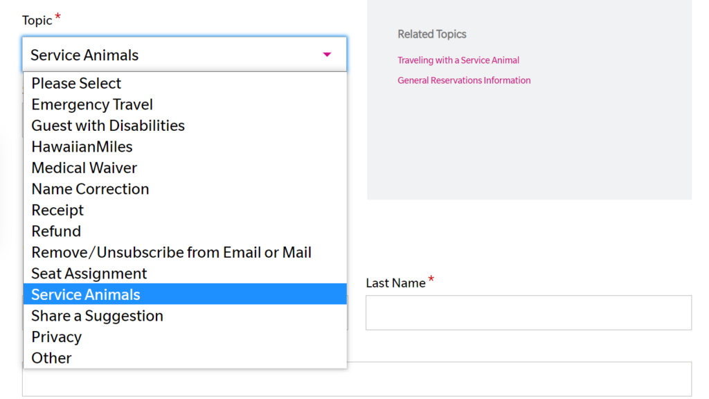 Hawaiian Airlines - Make a Request form - Service Animal
