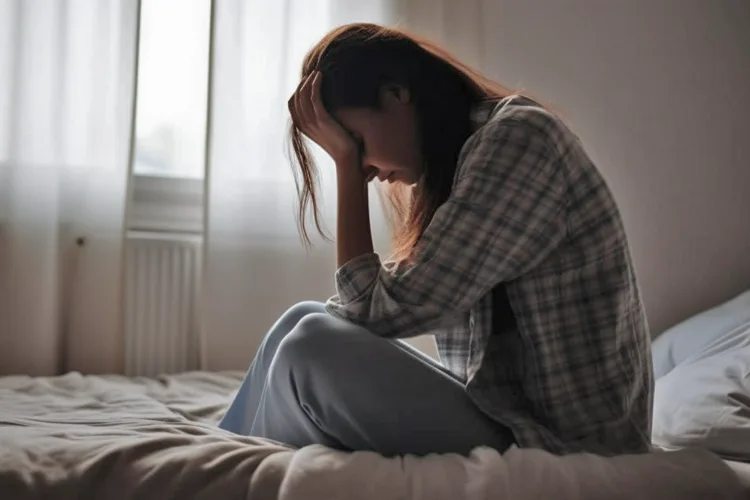 Woman suffering from PTSD sitting on her bed